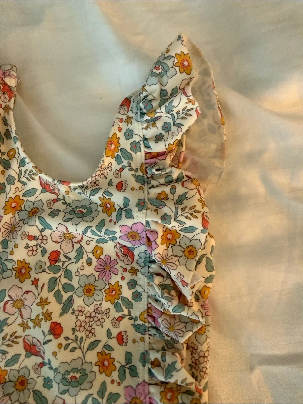 Quince Cream Floral Ruffle One-Piece Swimsuit with Pink, Yellow & Blue Flowers
